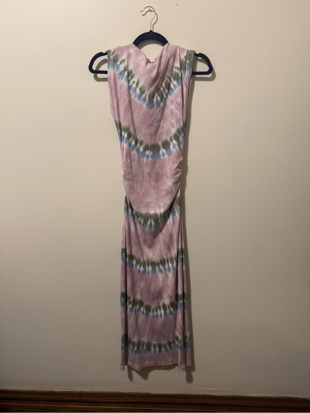 Sleeveless Pink Tie-Dye Maxi Dress with Blue & Olive Accents